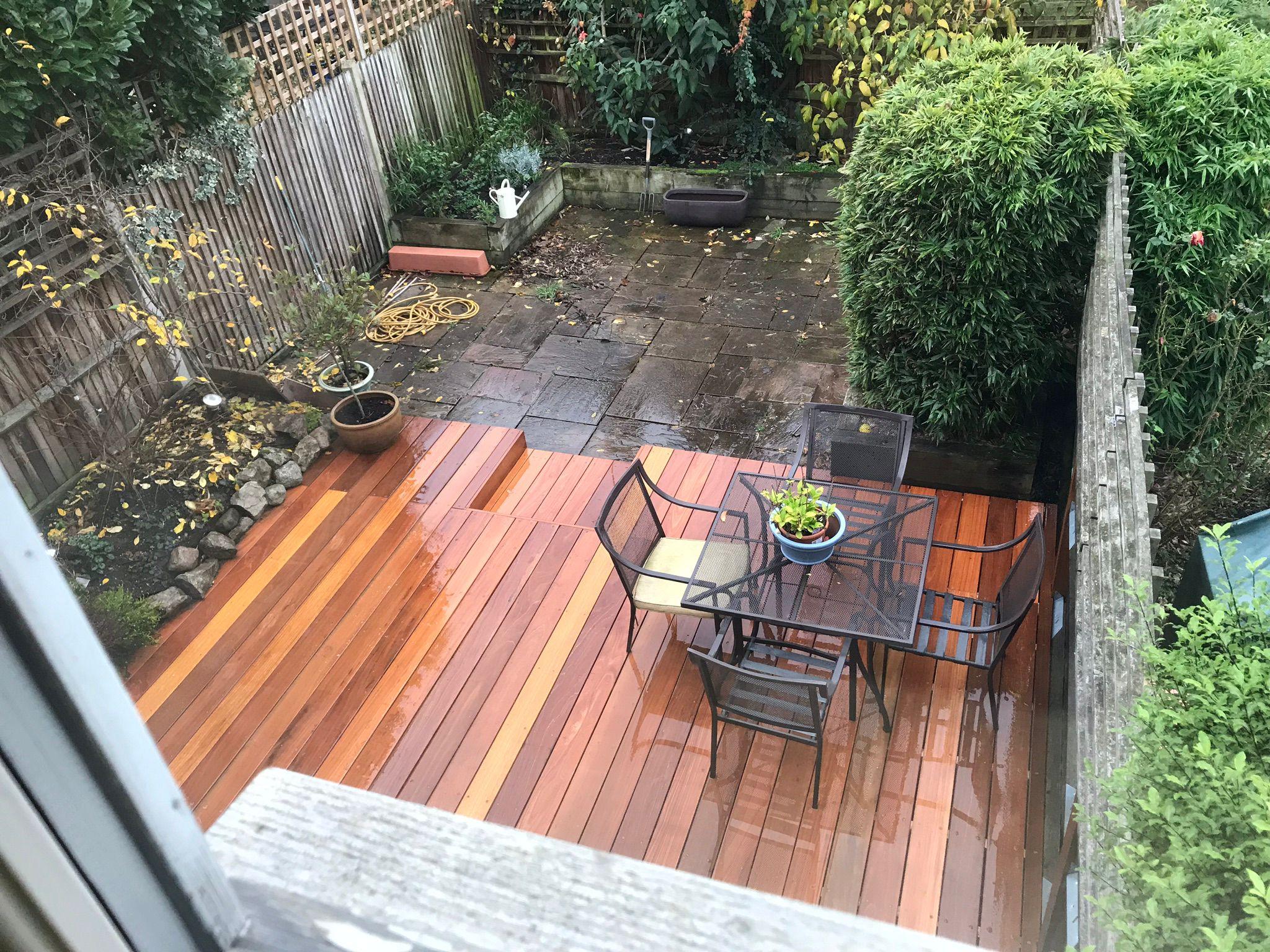Aerial view of hardwood decking and garden paving project completed by GK Landscapes in Surrey